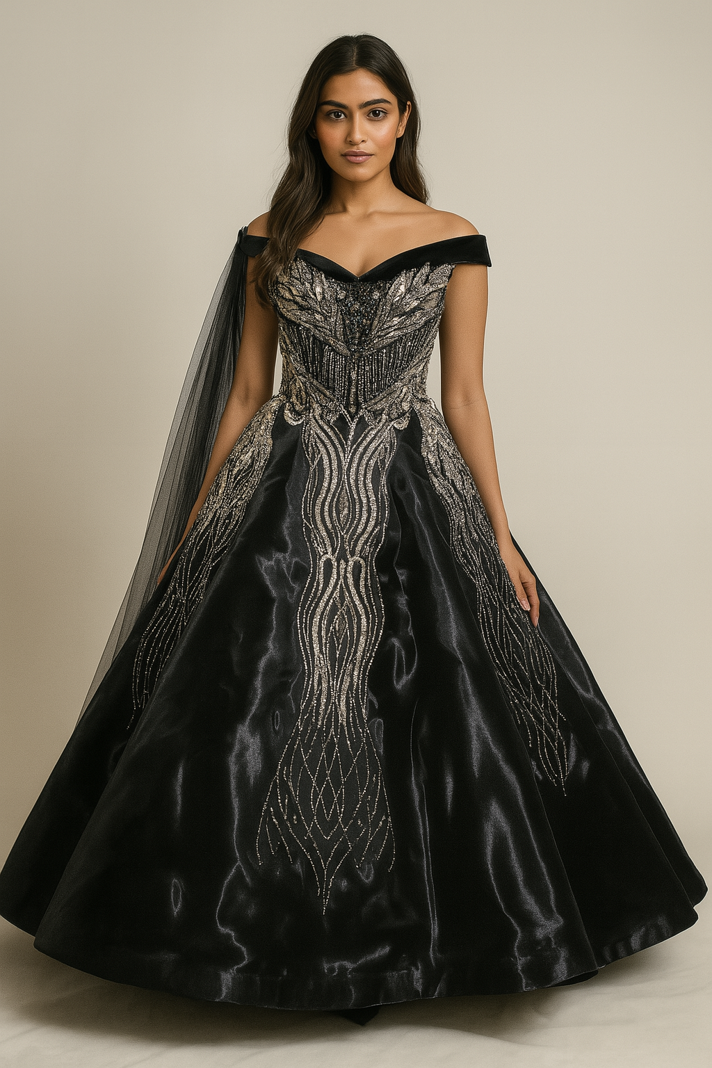 Midnight Black Designer Gown - Off-Shoulder with Embellished Details